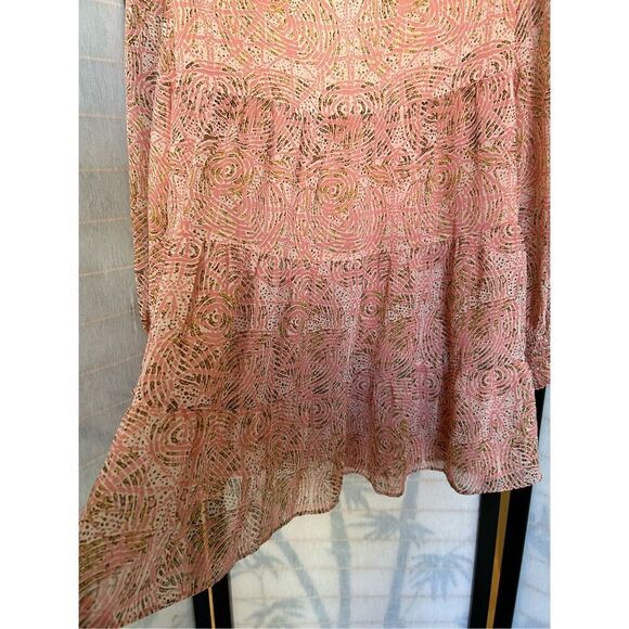 Joy Joy Women’s Blouse Pink Abstract Print Ruffle Neck Long Sleeve Lined Boho M - Picture 6 of 8